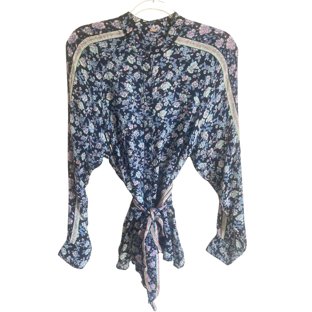 Free People Floral Tie Front Blouse Womens Small Navy Blue‎